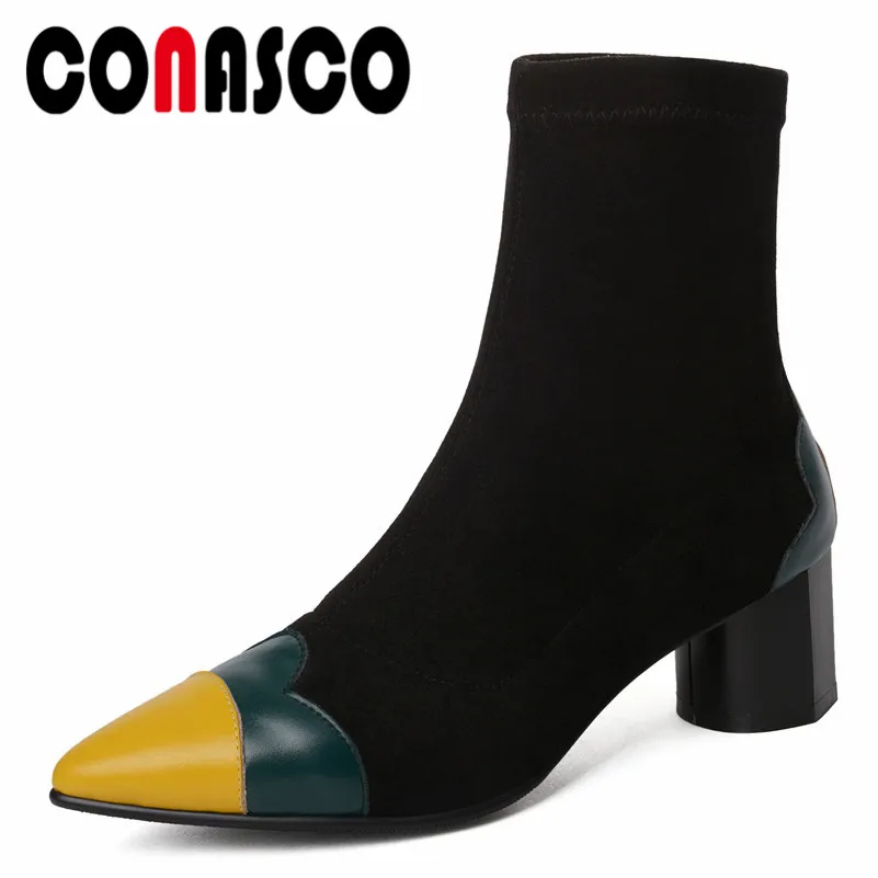 

CONASCO New Sexy Women High Heels Ankle Boots Patchwork Genuine Leather Stretch Boots Party Prom Socks Boots New Short Shoes