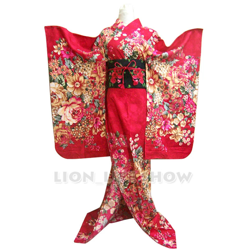 

Japanese Women Rose Red Pink Floral Long Furisode Kimono Cosplay Costume