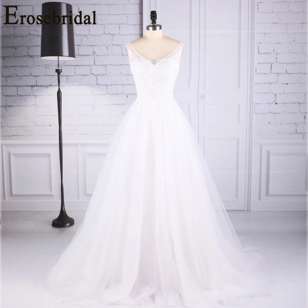

Erosebridal New Arrival 2019 White Wedding Dress V-Neck Wedding Gown Lace Beading Bride Dress Simple vestido de noiva for Women