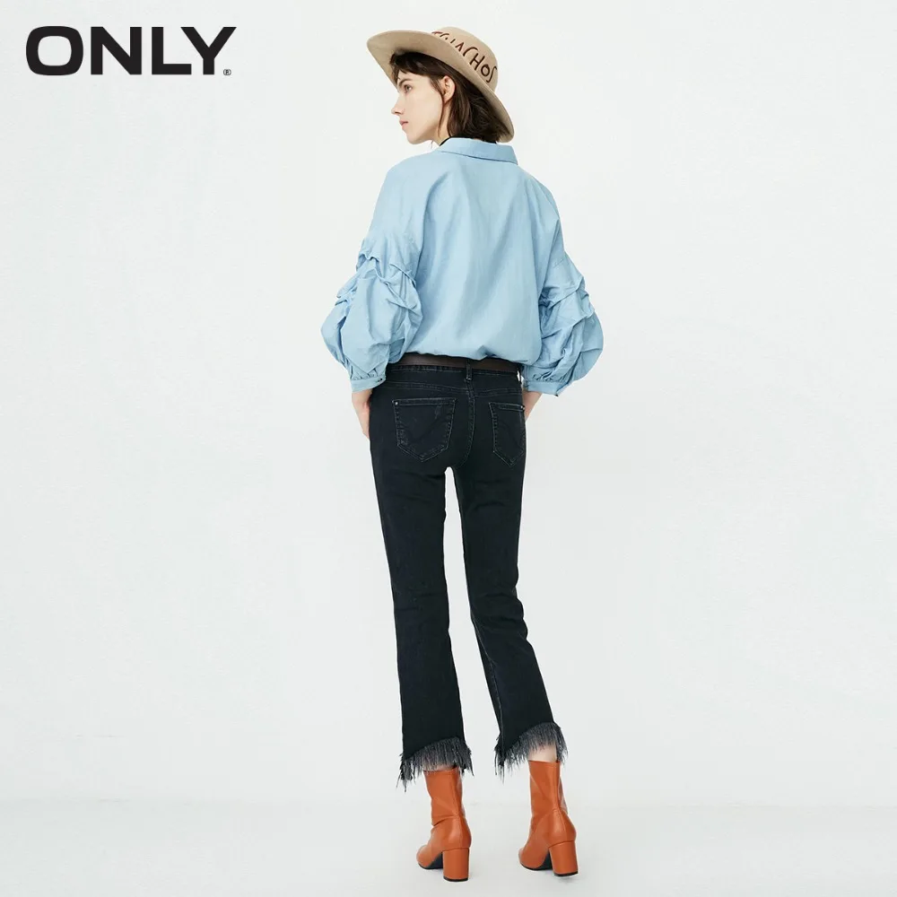 فقط المرأة ربيع جديد فضفاض مطوي الخامس الرقبة قميص دينيم | 118253505