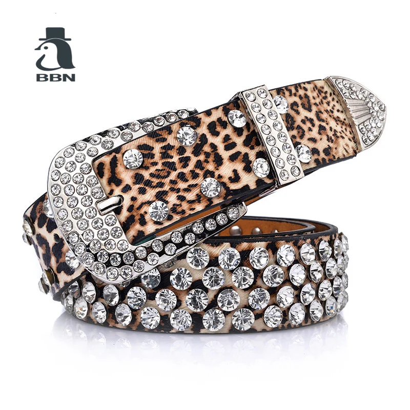 BBN Fashion Rhinestone Belt Women PU Leather Diamond Sexy Leopard Belts