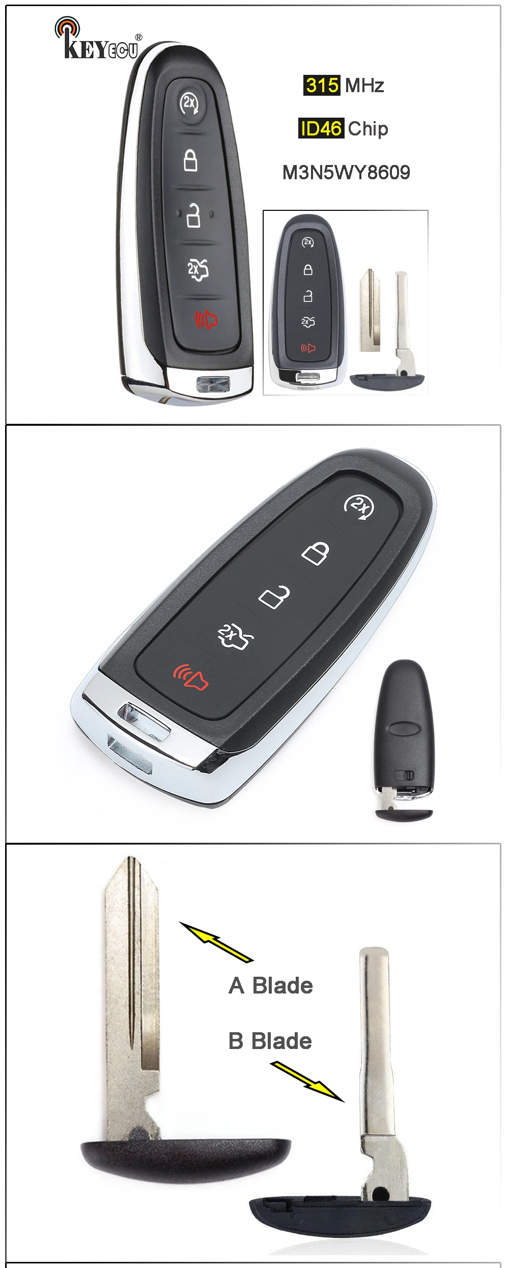 Keyforkess 315MHz ID46 PCF7953 5 5 pulsanti Smart Remote Key Fob per Ford Edge Escape Expedition c-max Taurus Flex Focus -