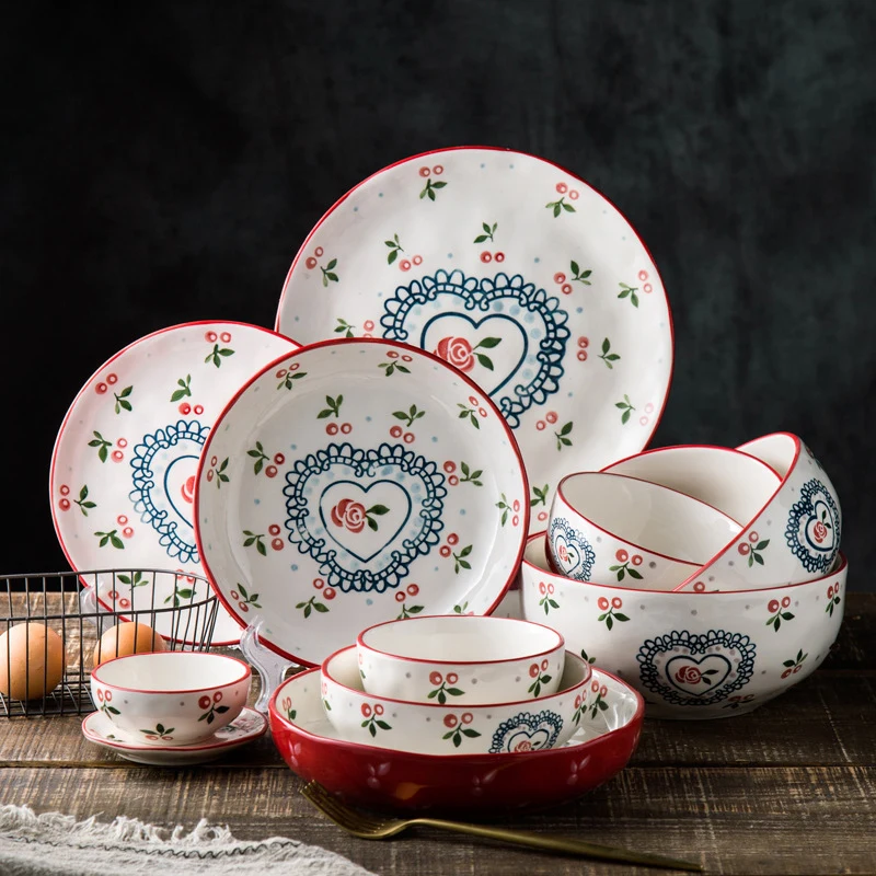 

Creative Japanese Hand-painted Cutlery Flower Plate Set Family Dishes Western Dishes Flat Steak Plate