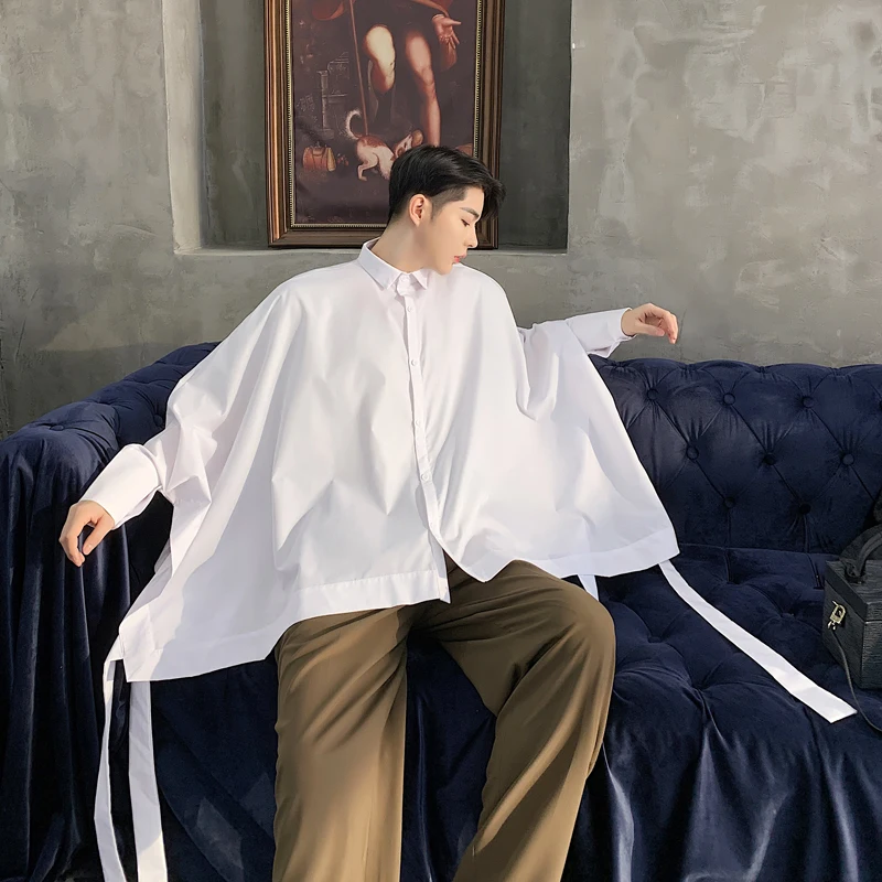 

MIXCUBIC 2019 spring summer England style simple unique Bat sleeve design shirts men white casual loose streamers shirts