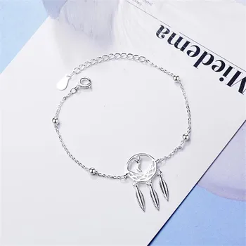 

Retro Hollow Pattern Flower 925 Sterling Silver Jewelry Simple Moon Feather Shaped Ball Personality Bracelets SB153