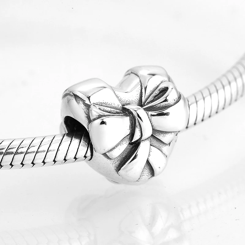 Настоящее серебро 925 проба Heart-shaped DIY fine bowknot подарок обечайки Изготовление ювелирных изделий Fit оригинальный браслет подвес Пандора