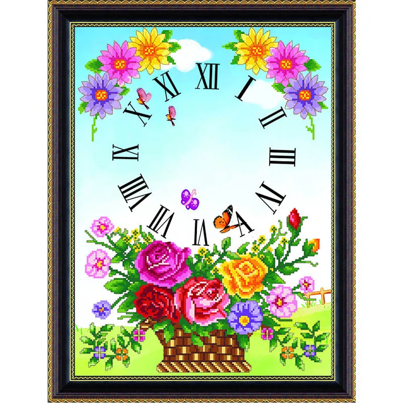 

5d Diy round painting diamond embroidery mosaic cross stitch home decor needlework painting A basket of flowers clock pattern