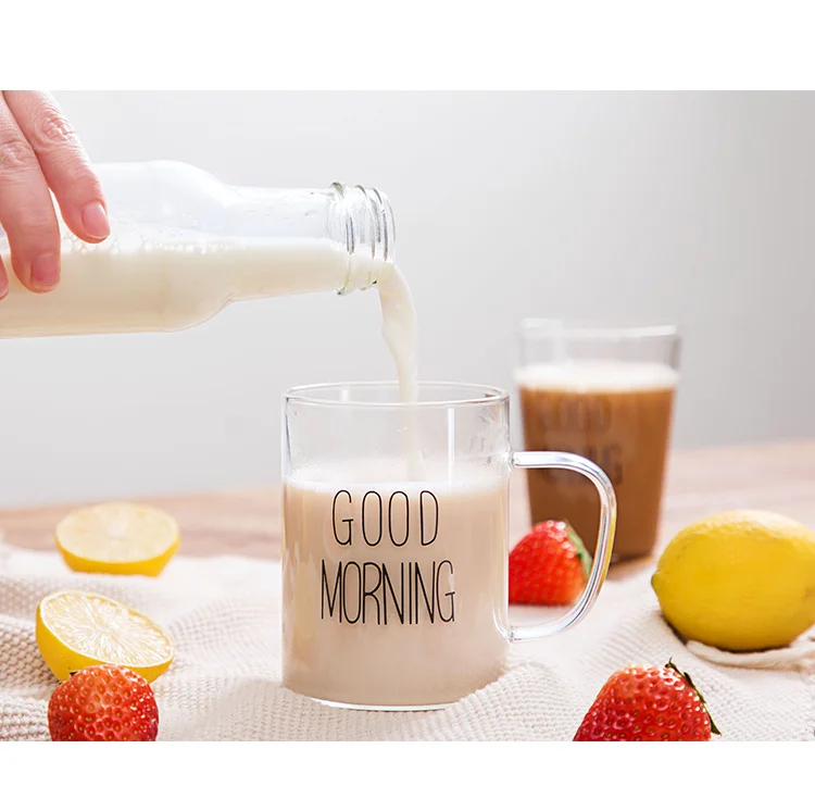Доброе утро черный, белый цвет прозрачный Стекло Кофе чай и Напитки Десерт Кружка для молока на завтрак стеклянная кухонная утварь кружки LW0320519