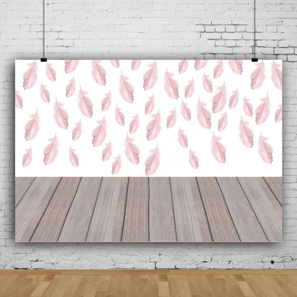 Laeacco Wooden Floor Board Feather Tree Leaves Pattern Wall Baby Birthday Photo Backgrounds Photo Backdrops For Photo Studio