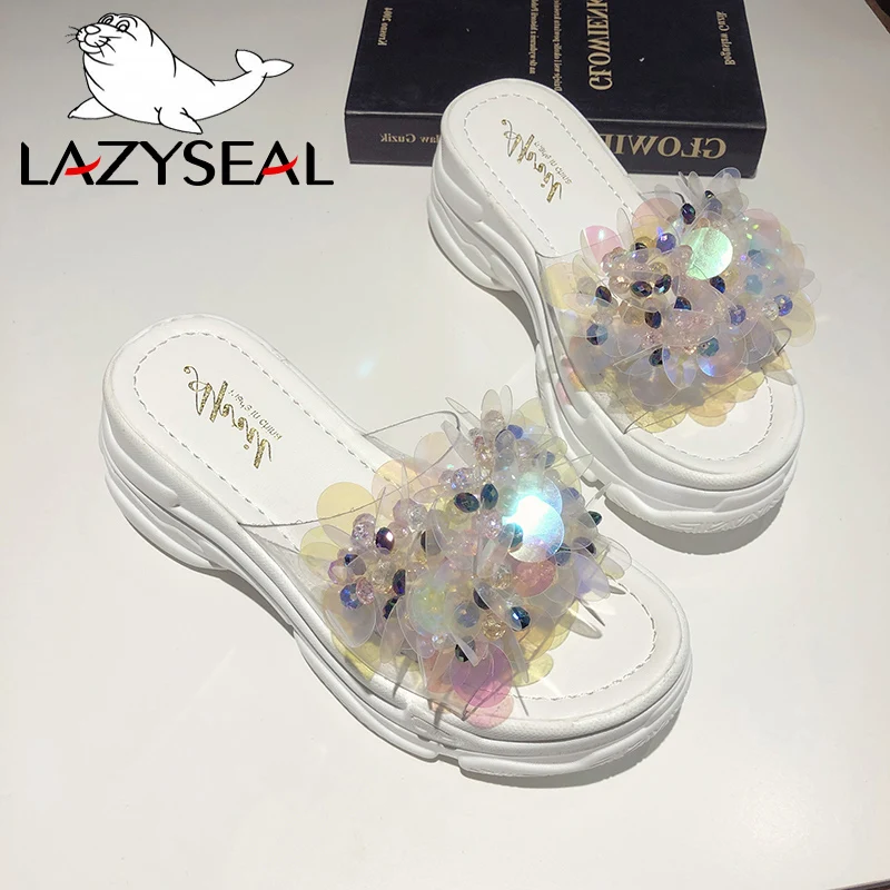 LazySeal Transparent Bling Platform Slippers Women New Summer Shoes With Crystal Diamonds Wedge Ladies Flip Flops Woman Slides