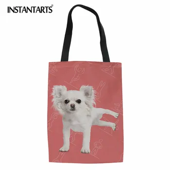 

INSTANTARTS Cute Animal Dog Printing Shopping Bag Brand Linen Tote Reusable Bags Portable Travel Beach Grocery Bag for Girls