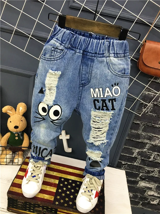 Новинка года, весенне-осенние детские брюки джинсы для маленьких мальчиков и девочек от 1 до 7 лет повседневные штаны для мальчиков джинсы с рисунком кота для детей