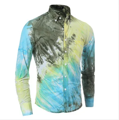Новый дизайн мужские летние тонкий Рубашки Лоскутная Красочные градиент рубашка с длинным рукавом Повседневная рубашка XH995088
