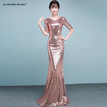 

Vestido madrinha 2019 Half sleeve rose gold sequins sexy mermaid bridesmaid dress long beautiful sukienka na wesele dla kobiety