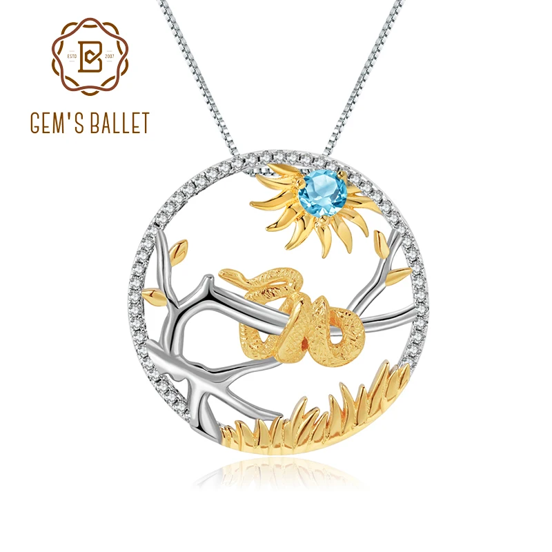 

GEM'S BALLET 925 Sterling Silver Handmade Chinese Zodiac Jewelry Natural Swiss Blue Topaz Snake Pendant Necklace For Women