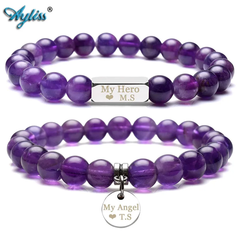 

Ayliss Personalized Customized Semi-Precious Stones Bead His and Hers Couple Bracelet Stainless Steel ID Dog Tag Charm Valentine