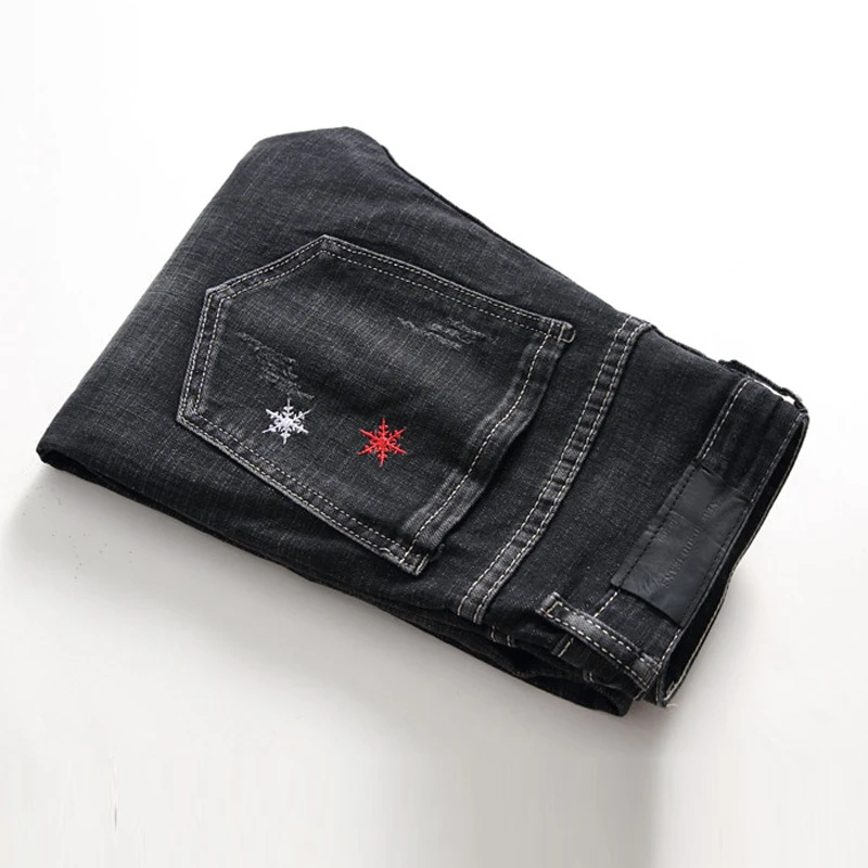 Известный бренд дизайнер Slim Fit потрепанные черные джинсы для мужчин Hi Street мужские