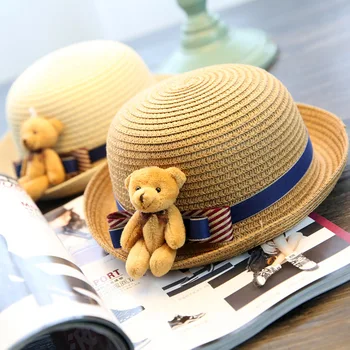 

New Summer Children Princess Knits Roll Straw Weave Hat Cute Baby Girl Lovely Cartoon Doll Bear Beach Cap Touca Infantil Muts T