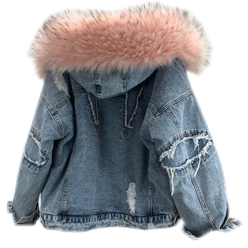 Épais D'hiver Lâche blanc 2018 Denim Vêtements Fourrure Gris Revêtement Capuchon Laine Grande Chaud Jeans rose Parka Agneau Veste À De Femmes Des 511wqSB7