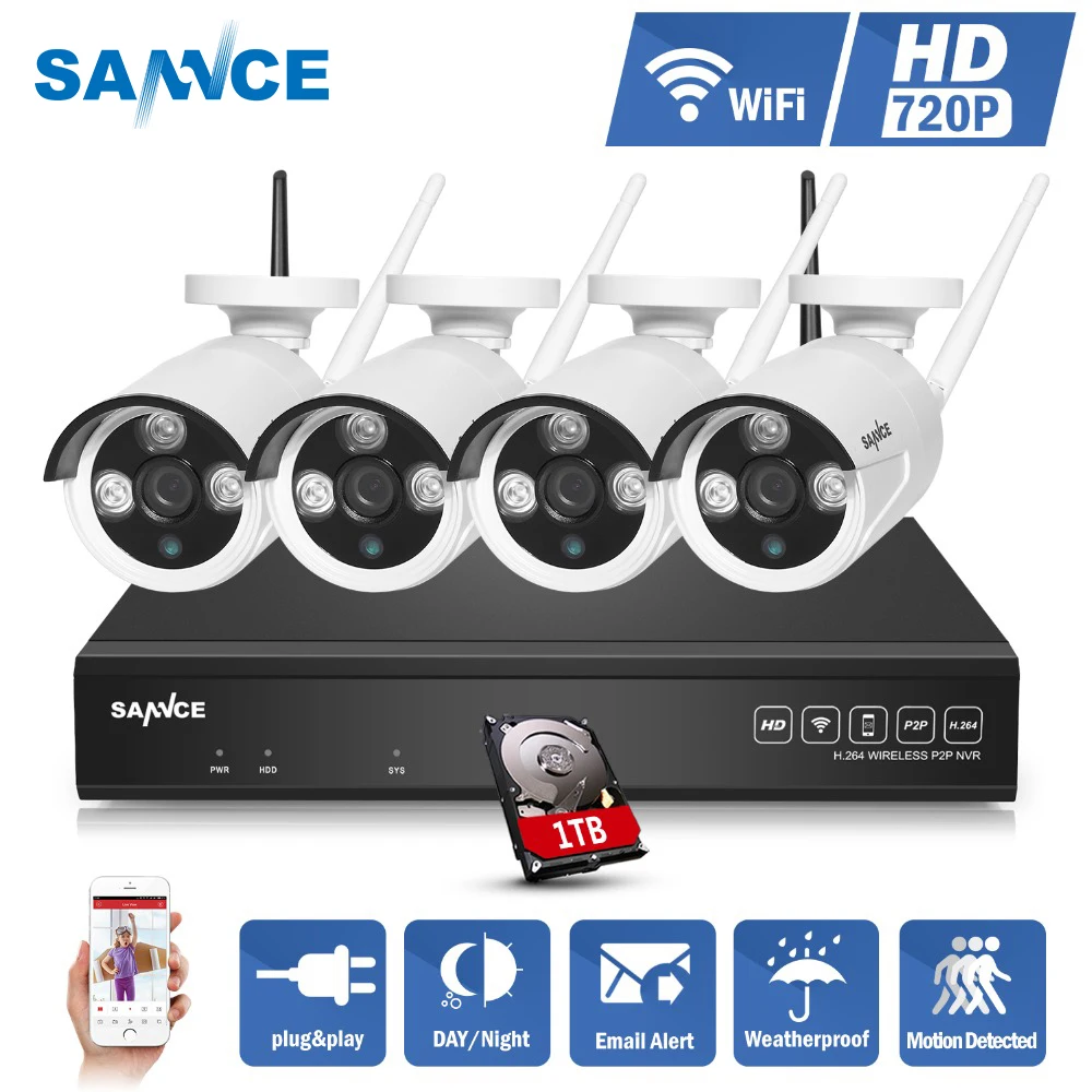 

SANNCE 4CH HD 720P Wireless Home Security System HDMI 1080P NVR With 4X 720P Outdoor Weatherproof Wifi IP Bullet Camera CCTV Set