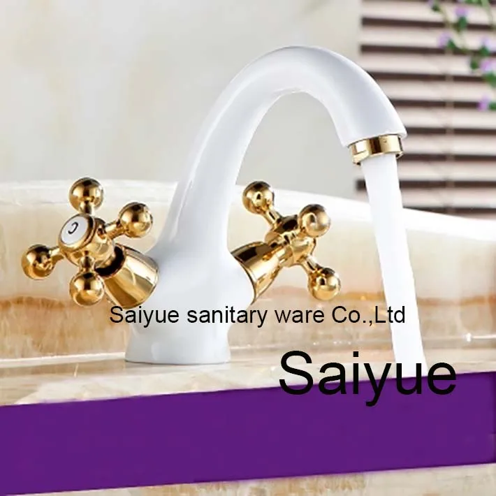 

New Arrival Unique Creative Luxury Grilled White Painting Golden Double Handle Hot and Cold Washbasin Mixer Taps