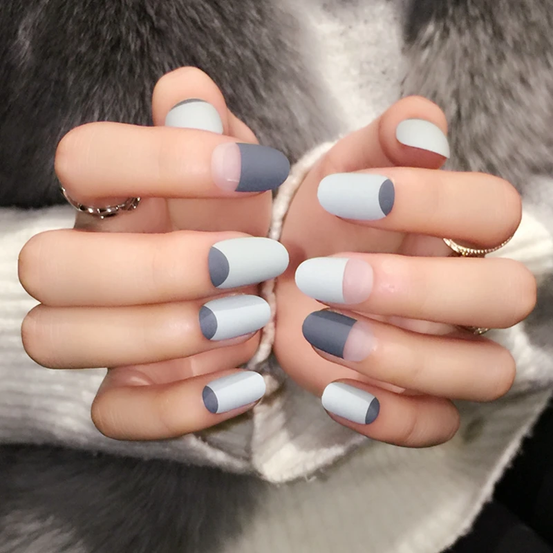 

Grey Matte French Nails Round Top Frost Designed Tips Clear Moo Lady Fake Nail 24pcs/kit Press On Nails Z357