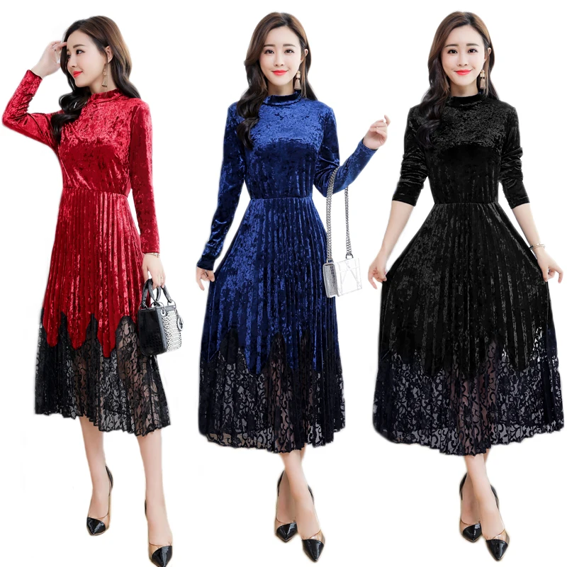 

Winter Fashion Retro Black Lace Velvet Party Dress Women Korea Autumn Sexy Long Sleeve Pleated Dresses Female Vestidos mujer