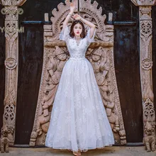 YOSIMI 2018 Summer Maxi Lace Long Women Dress  for Travel White V-nek Backless Evening Party Fairy Ankle-length Lace Embroidery