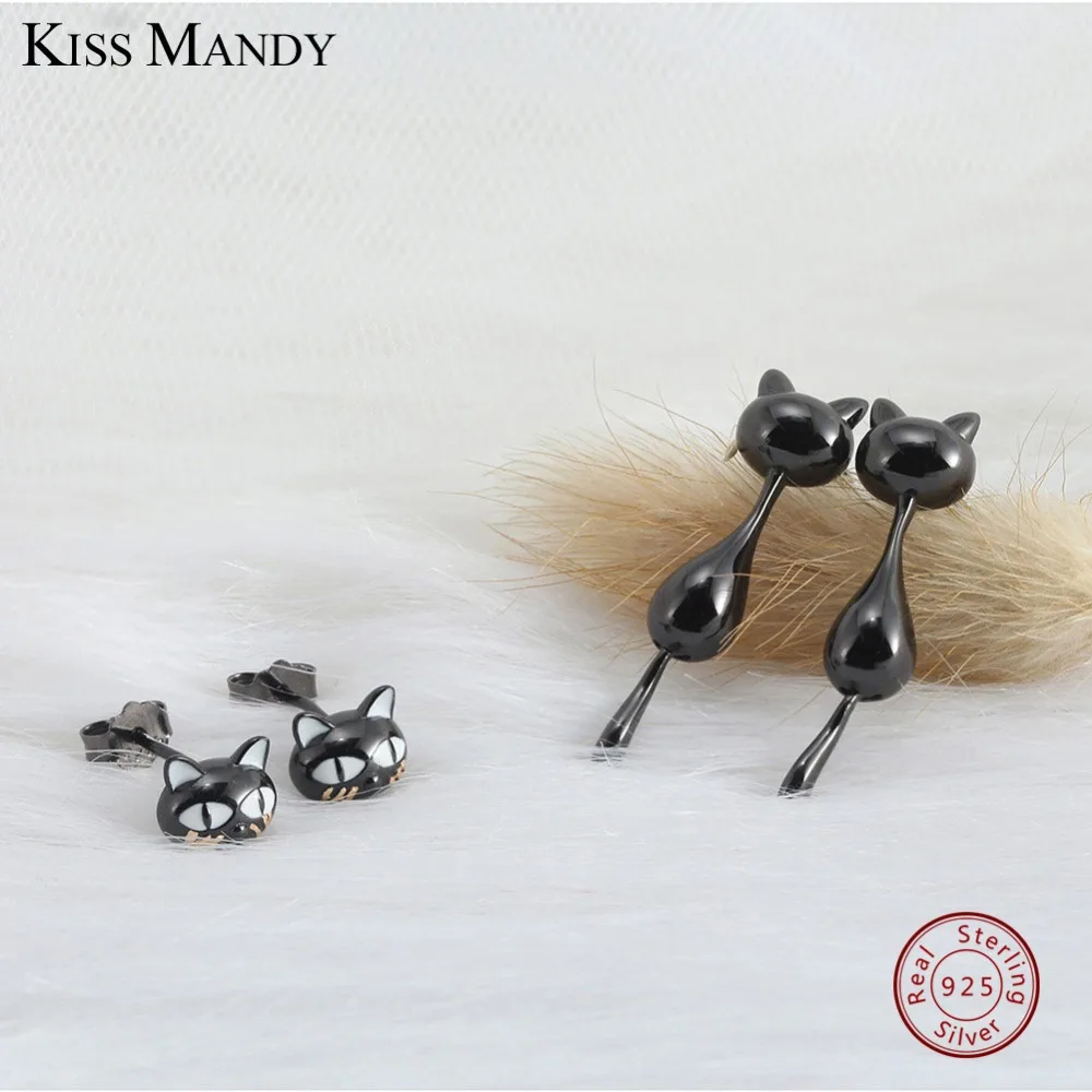 Kiss Mandy 925 пробы серебряные серьги для женщин яркий черный пистолет цвет кошка эмаль дизайн Девушка Вечерние ювелирные