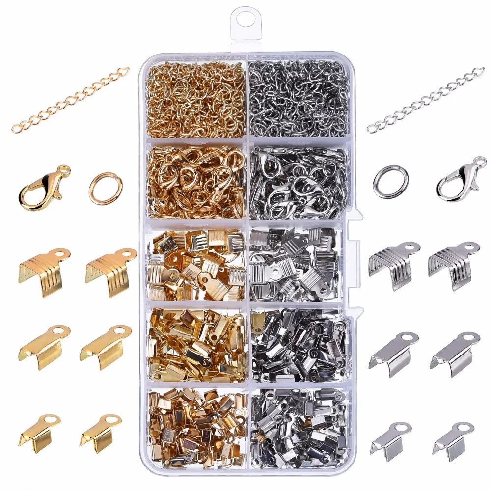 

1000 Pieces Jewelry Findings Kit Iron Fold Over Cord Ends Lobster Claw Clasps Jump Rings Extension Chains for Jewelry Making