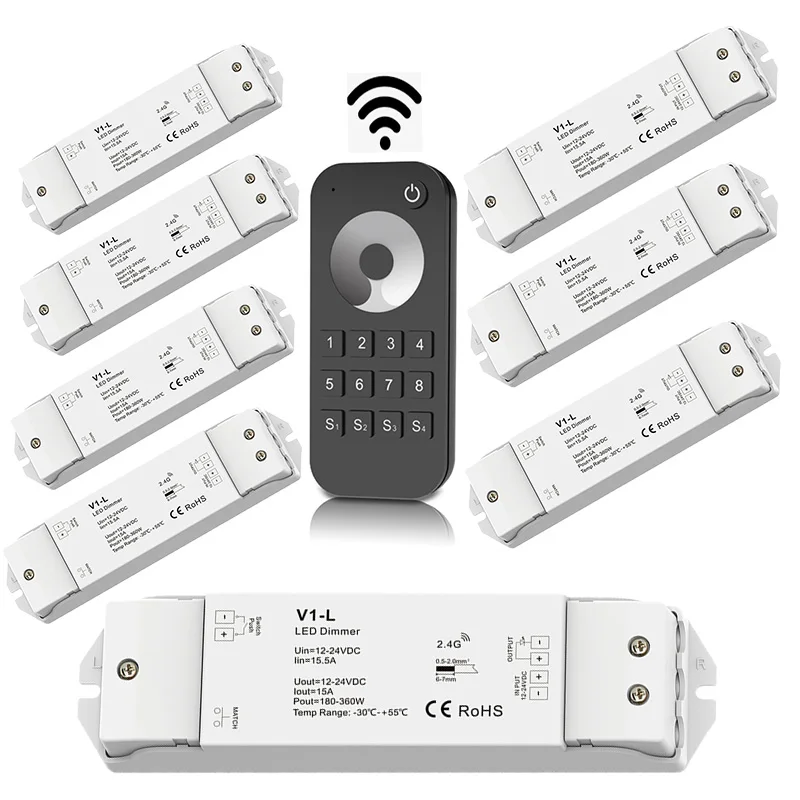 

LED Strip Dimmer 12V 24V 15A PWM Wireless RF Switch ON OFF 2.4G 8 Zones Dim Remote for 5050 3528 Single Color String Use