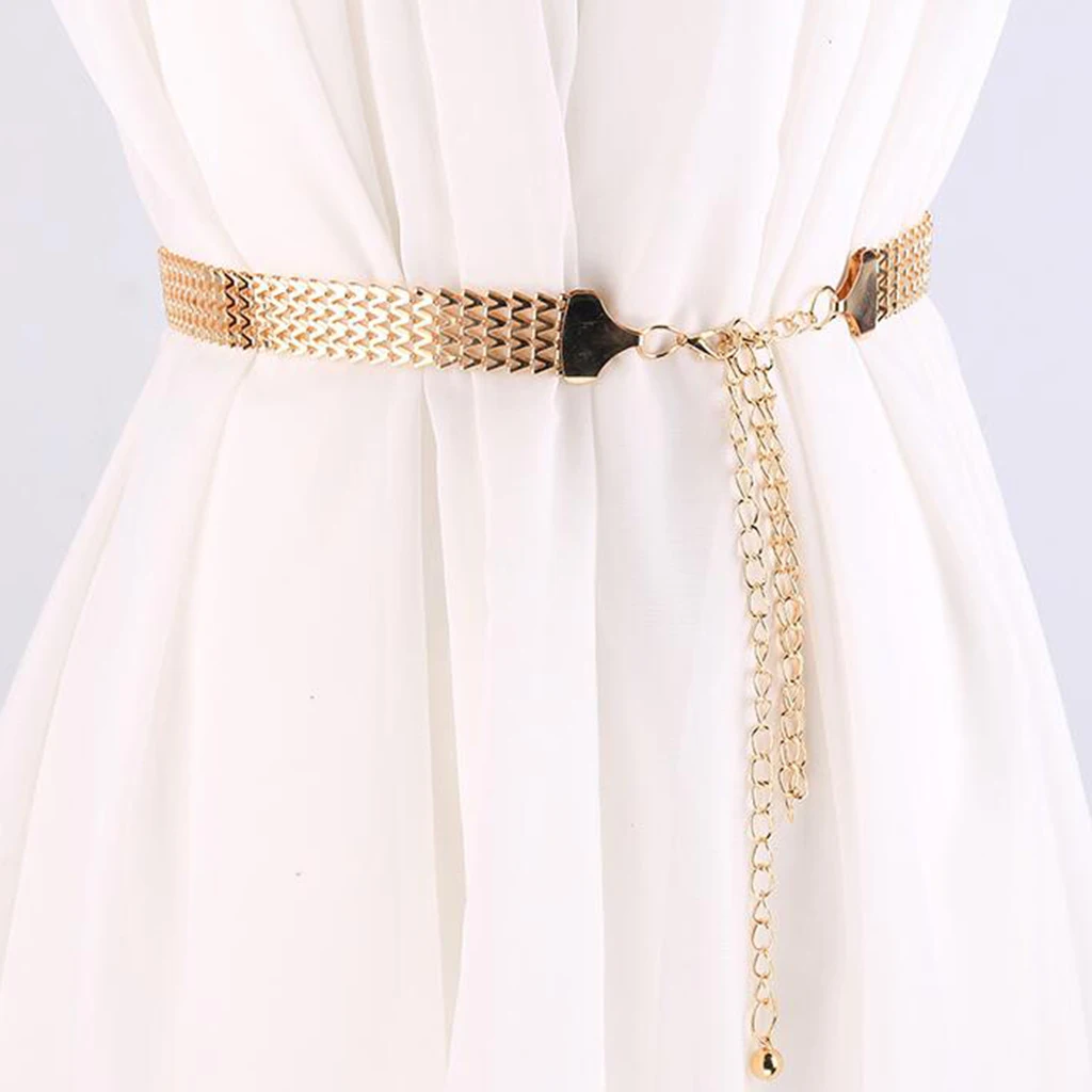 Модный женский пояс с металлической волной и цепочкой, ремешок с кисточками, Золотая блестящая пряжка, пояс-цепочка для платья