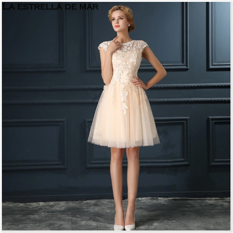 Vestido invitada новое из кружева, с вырезом на шее с короткими рукавами трапециевидной формы розового цвета шампанского красное серебро короткие платья для невесты