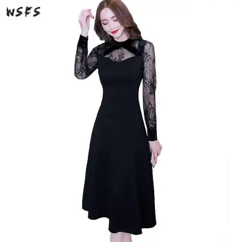 

Autumn Elegant Dresses Black Patchwork Lace Long Sleeve Oneck Womens Vintage Bodycon Dress Ladies Sexy Party Midi Aline Dresses