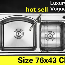Квартиры роскошный двойной кухонный паз раковина сделать Блюда Высокого Качества 304 нержавеющая сталь горячие продажи 760x430 мм
