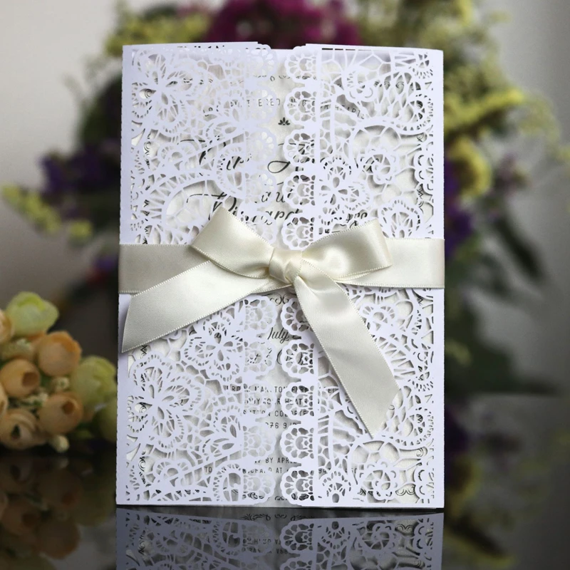 

1pcs Elegant Luxury Flora Laser Cut Wedding Invitations Card Paper With Ribbon Envelopes Customize Party Wedding Decoration