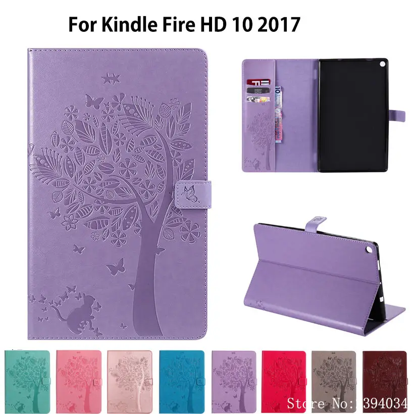 Custodia Per Amazon Kindle All-New Fire Hd 10 Tablet Di Sesta Generazione Con Alexa 10.1 "2017 Cover Cat Tree Pattern Stand Skin Shell