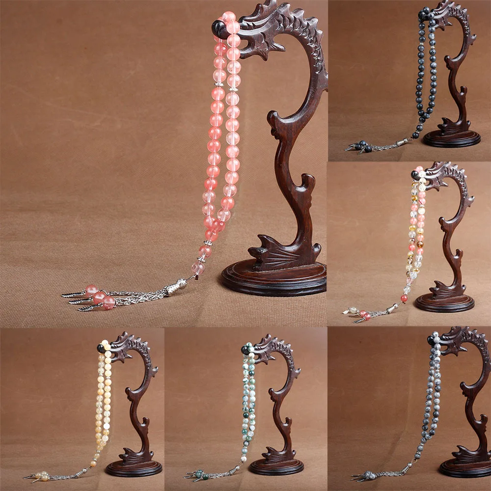 

8mm Natural Stone Crystal Agates Bead Tassel Pendant 33 Prayer Beads Islamic Muslim Tasbih Allah Mohammed Rosary For Women Men