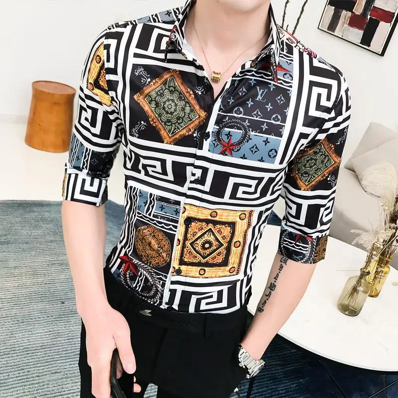 

Social Mens Shirts Plaid Unique design Blouse Men Hawaiian Style Turn-down collar Casual dress Shirt Man White yellow Summer