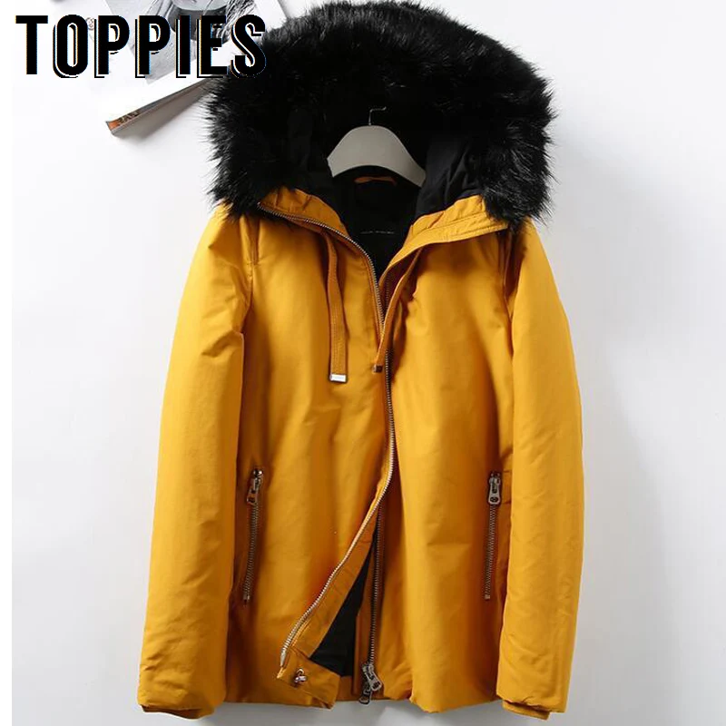 

2019 Winter Women Black Faux Fur Hooded Coat Parkas Loose Yellow Zipper Jacket Thick Warm Outer Wear
