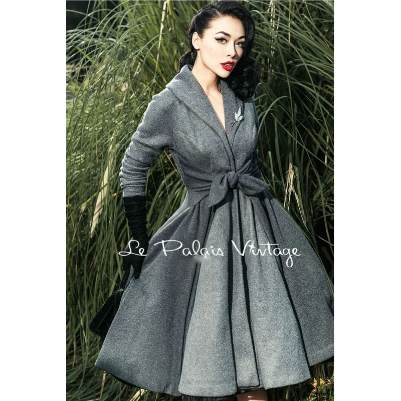 

2015 Le Palais Vintage Elegant Retro Grey Stitching Waist Big Pendulum All-Match Long Coat High Quality Women's Clothing