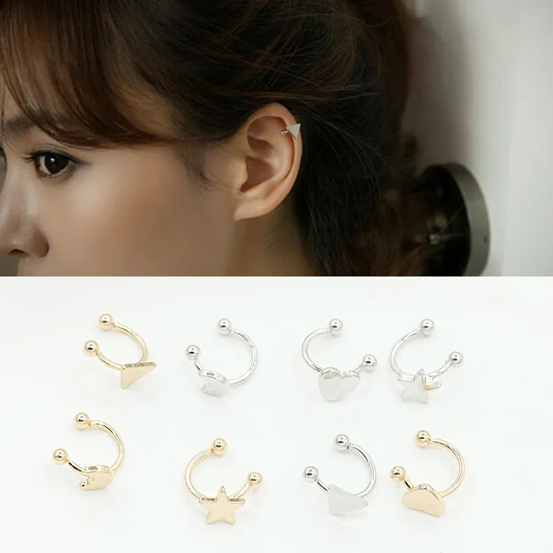 

1 Pc Heart Star Moon Triangle Shaped Clip Statement Earrings Without piercing Golden Silver Ear Cuff Wrap Earrings for Women