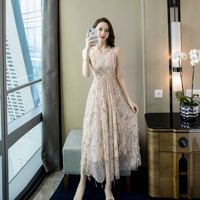 

Fashion women new arrival shining v-neck cute formal dress vintage party elegant wild club sweet summer beach long a-line dress