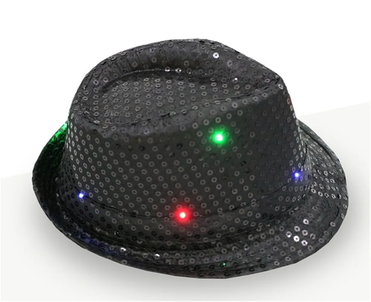 Черная детская шляпа-федора, котелок с пайетками, мужские формальные шляпы Fedoras, женский джаз, светодиодный Светодиодный свет, блестящие вечерние головные уборы унисекс