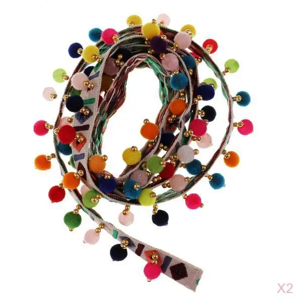 2Pcs Ethnic Fringed Tassel Lace Jacquard Ribbon With Pompom Ball Trim 1 Yard