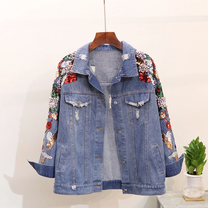

Beading Sequin Denim Jacket Coat Women 2019 Spring Autumn Jeans Jacket Outwear Big size Loose Basic Coat Korean Vintage Jackets