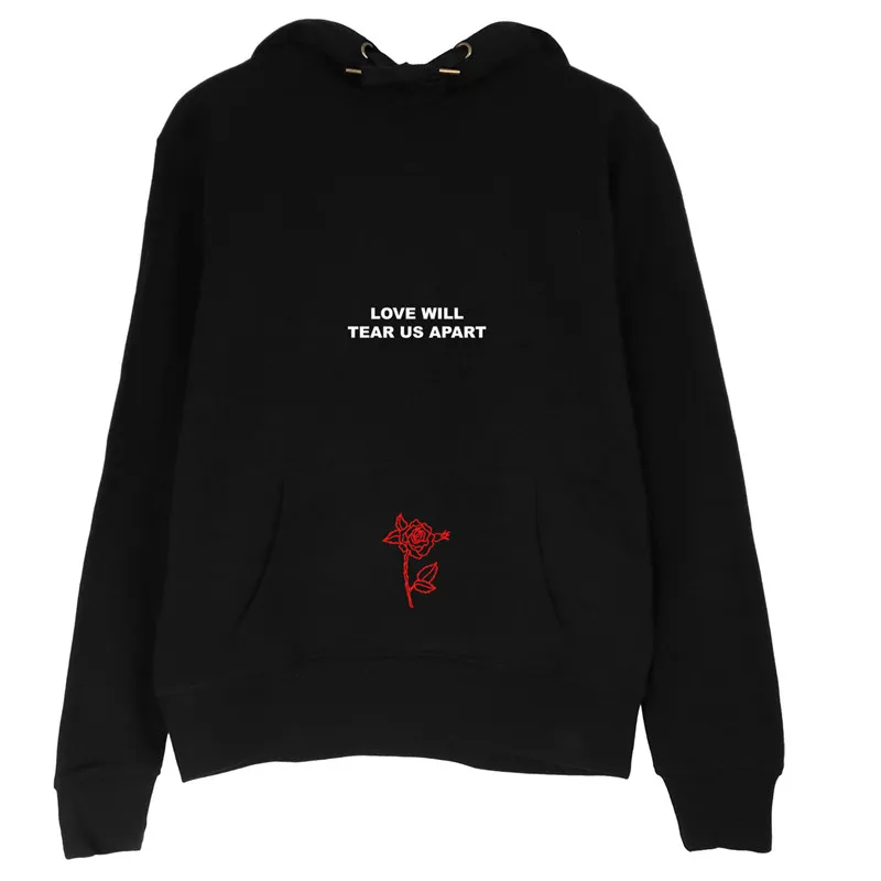 Red Rose Embroidery Black Hoodie LOVE WILL TEAR US APART Lace Casual Hoodies Full Sleeve Loose