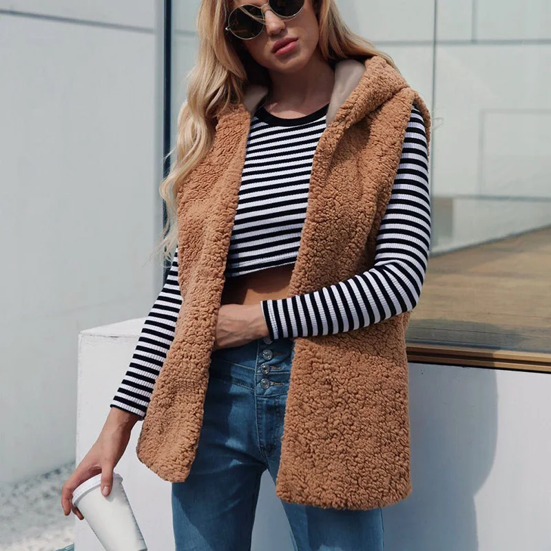 

Women Autumn Winter Vintage Faux Lamb Wool Waistcoat Sleeveless Hooded Hoodies Faux Fur Vest Hood Outwear Fur Coat XXXL 6Q2162