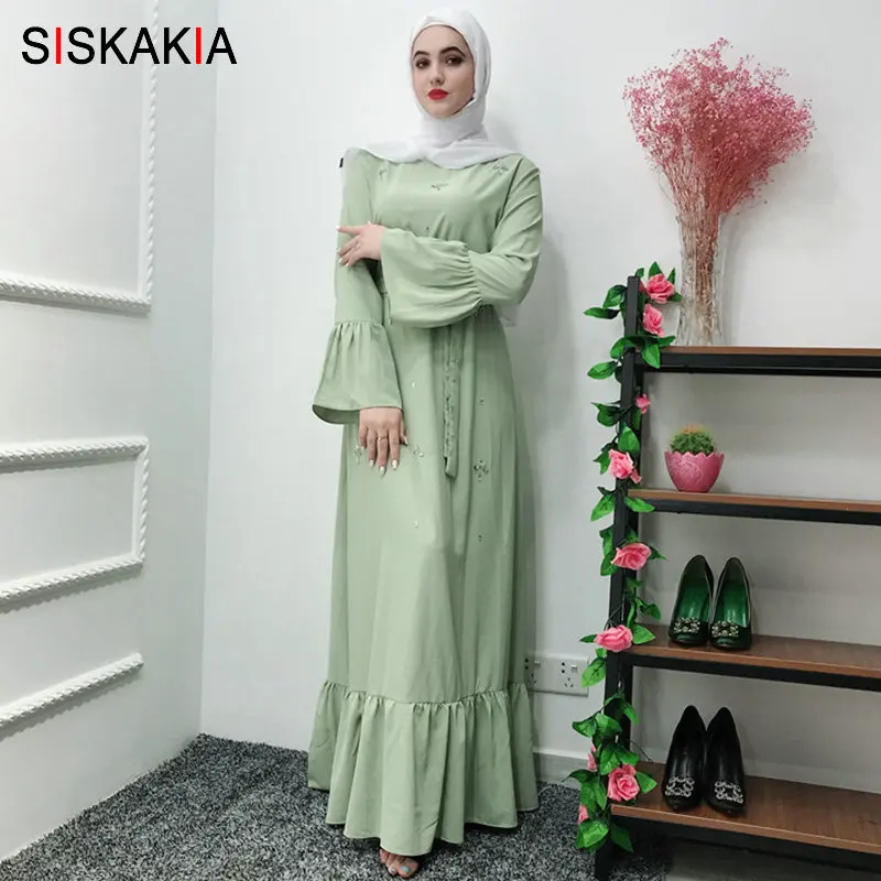 

Siskakia Muslim Dubai Women Rhinestone Long Dress Handmade Beaded Fashion Classic Islamic Abaya Dress Solid Manual Stitch 2019