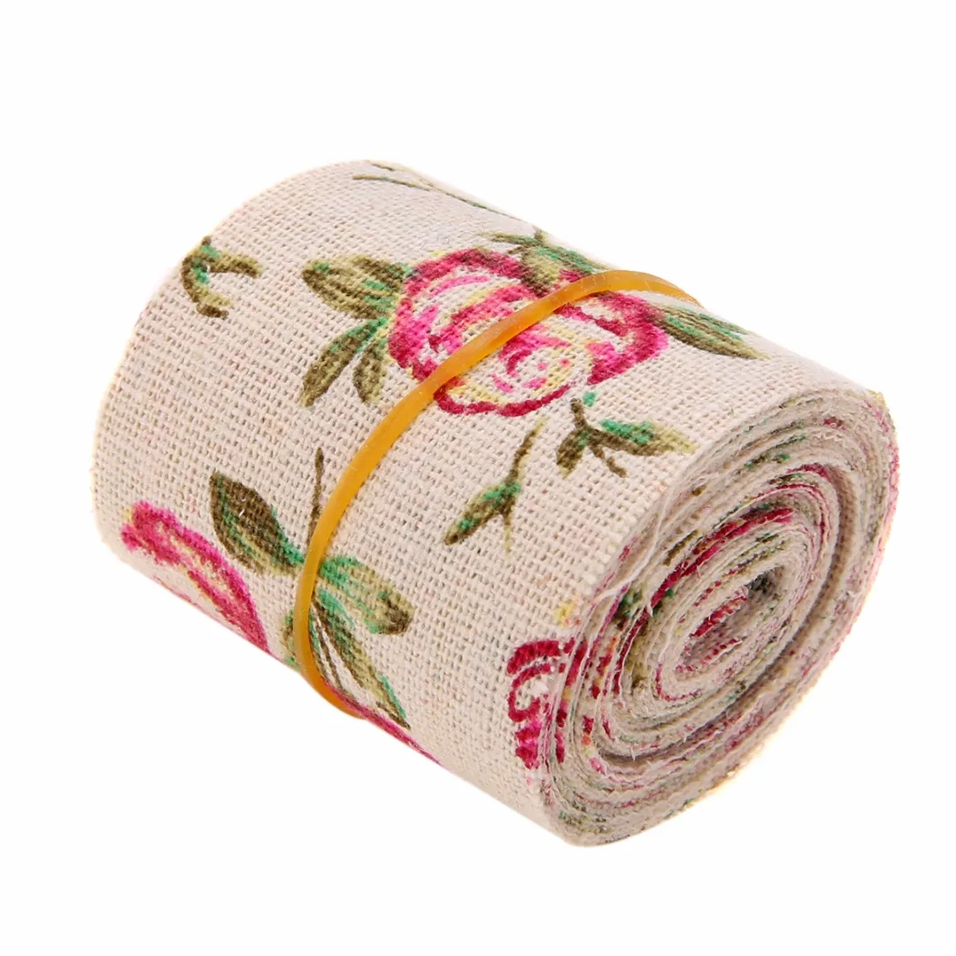 1pc 3M Vintage Rose Floral Print Burlap Hessian Ribbon Fabric Wedding Craft Decors DIY Candy Jars Table Napkin
